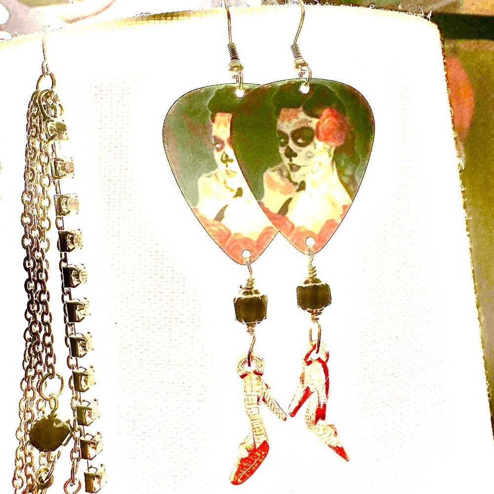 Hand crafted guitar pick earrings with heels